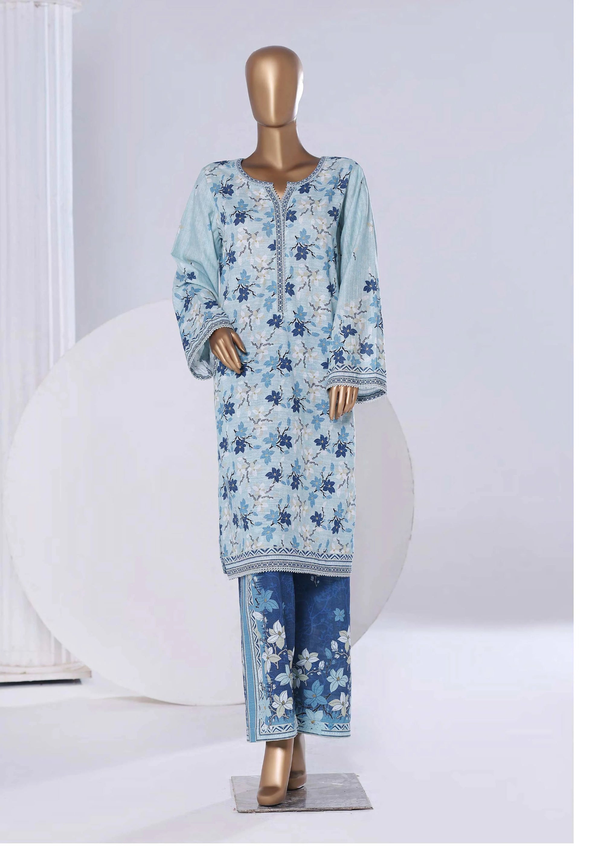 Light blue floral outfit on a mannequin against a white background