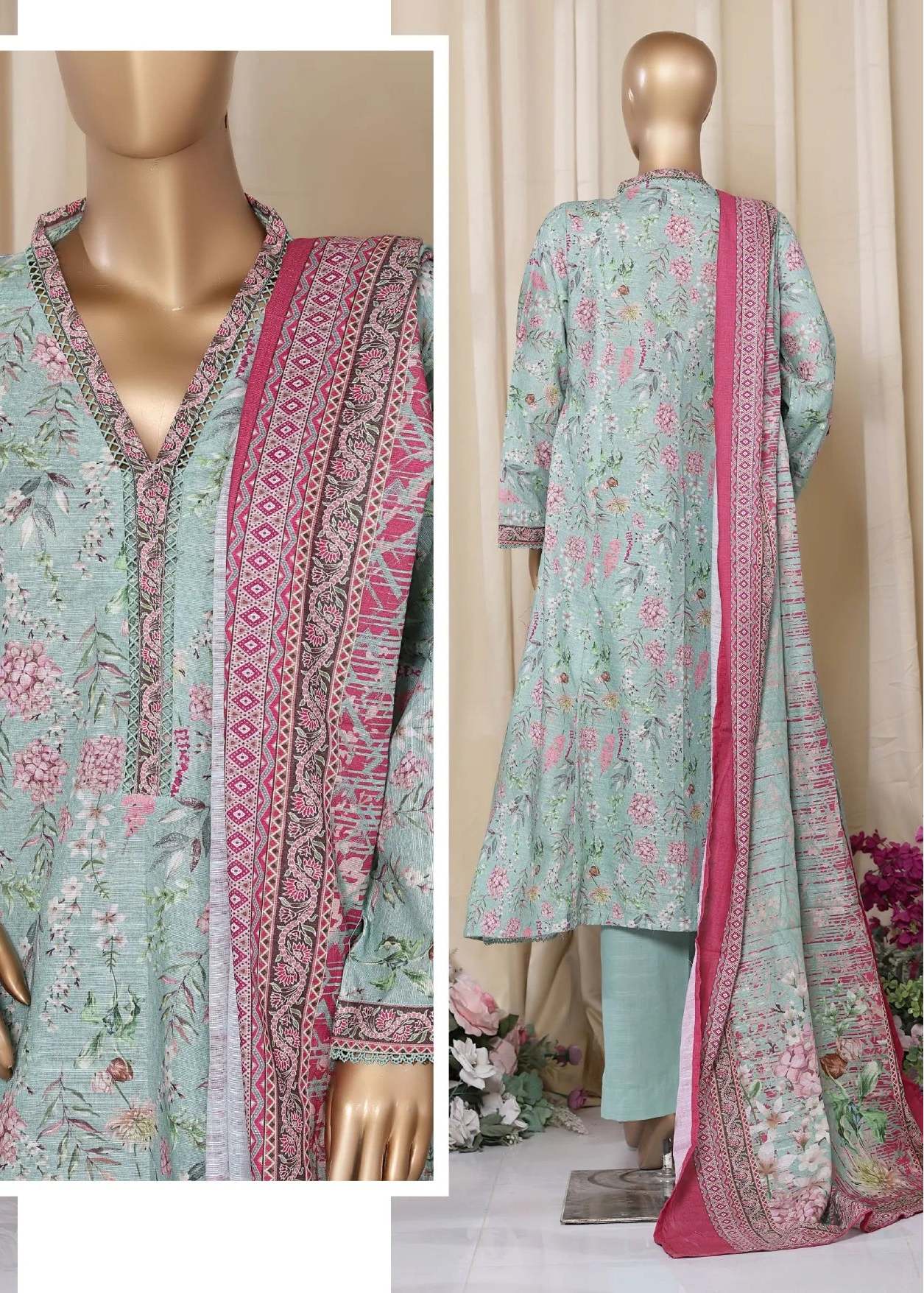 Light blue embroidered outfit with pink dupatta on mannequins against a neutral background.