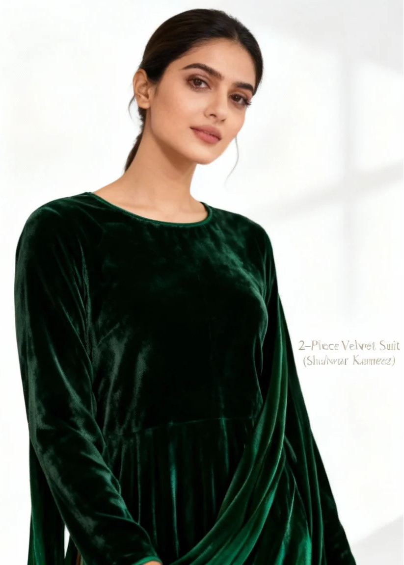 Woman wearing a green velvet suit against a white background