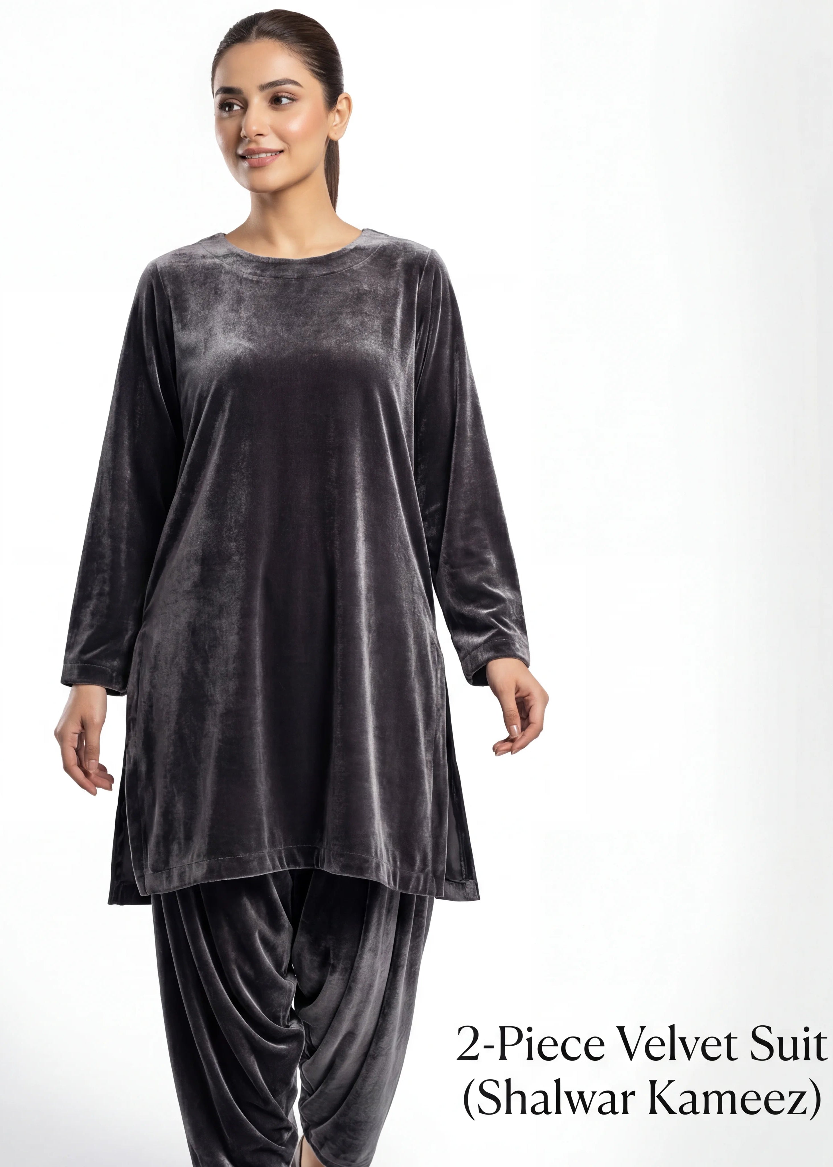 Woman wearing a 2-piece velvet suit with text on a white background