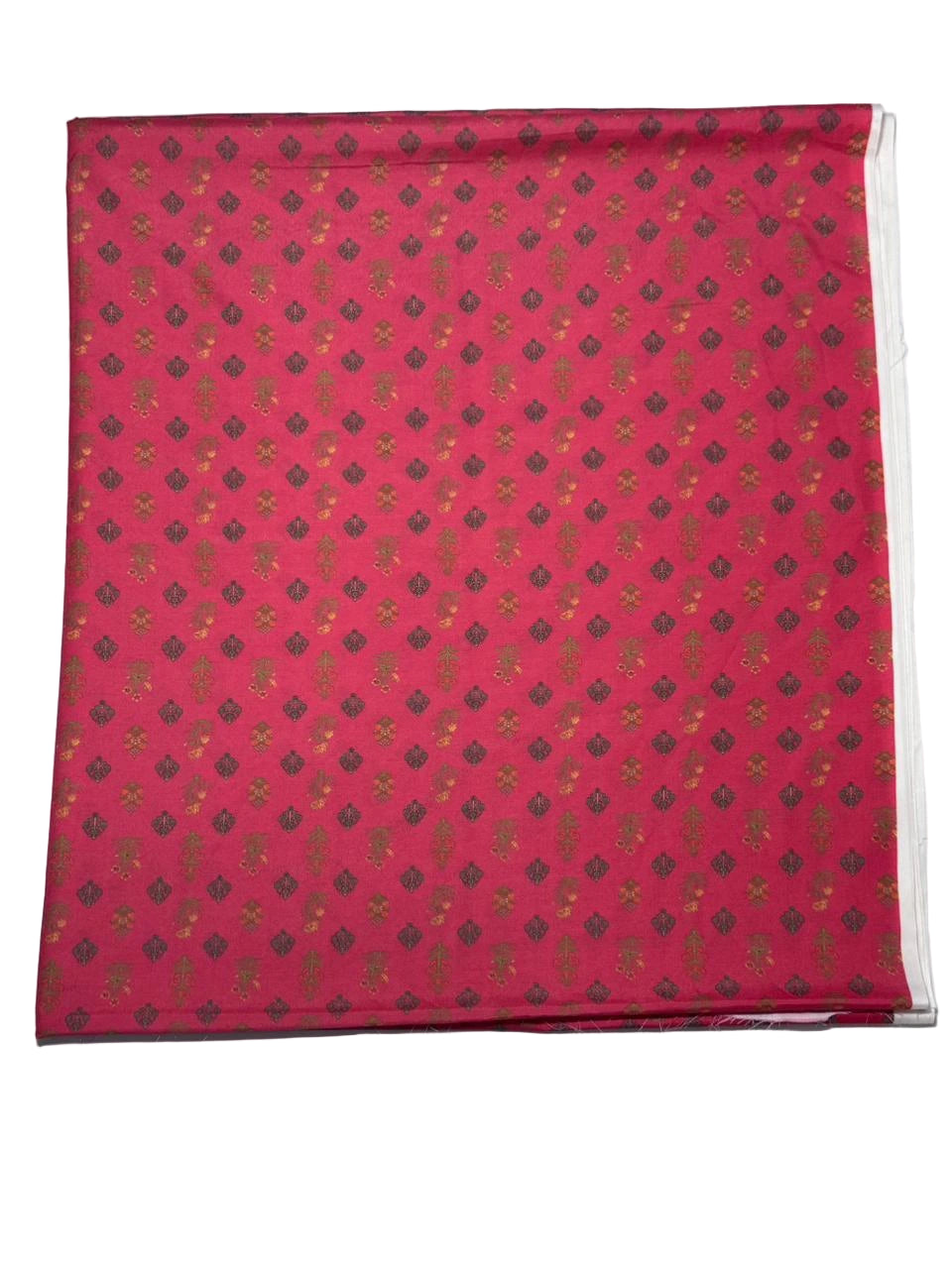 Red fabric with a pattern of small shapes on a white background