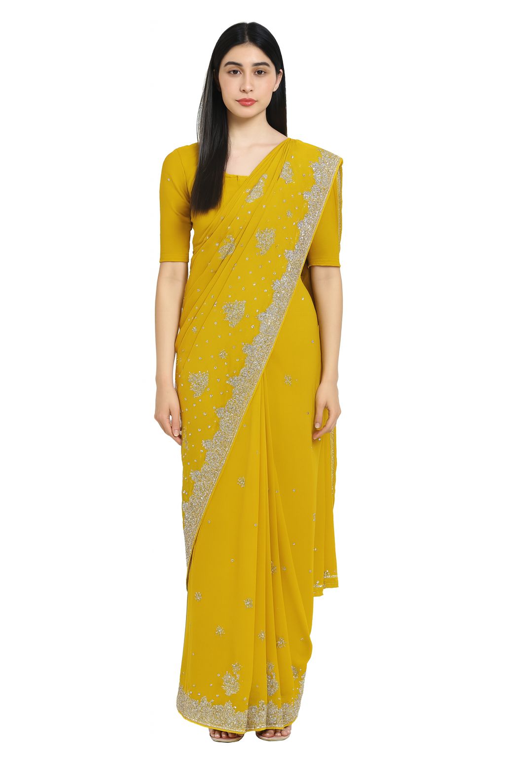Mustard Embroidered Bandhani Saree with Sequin & Gota Work