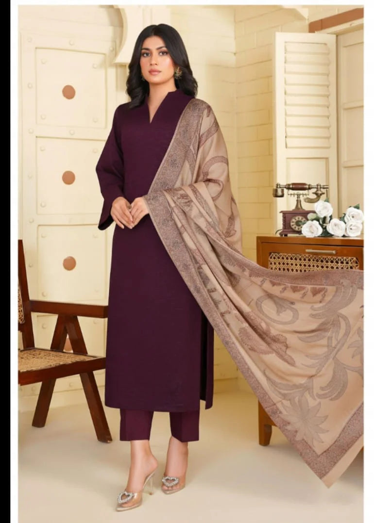 Woman in a purple outfit with a patterned shawl in a vintage-style room.