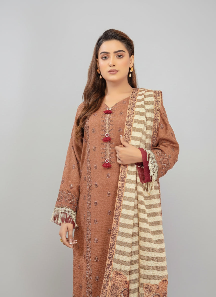 Woman in a brown and beige traditional outfit with 'Ivory' text and color swatch.