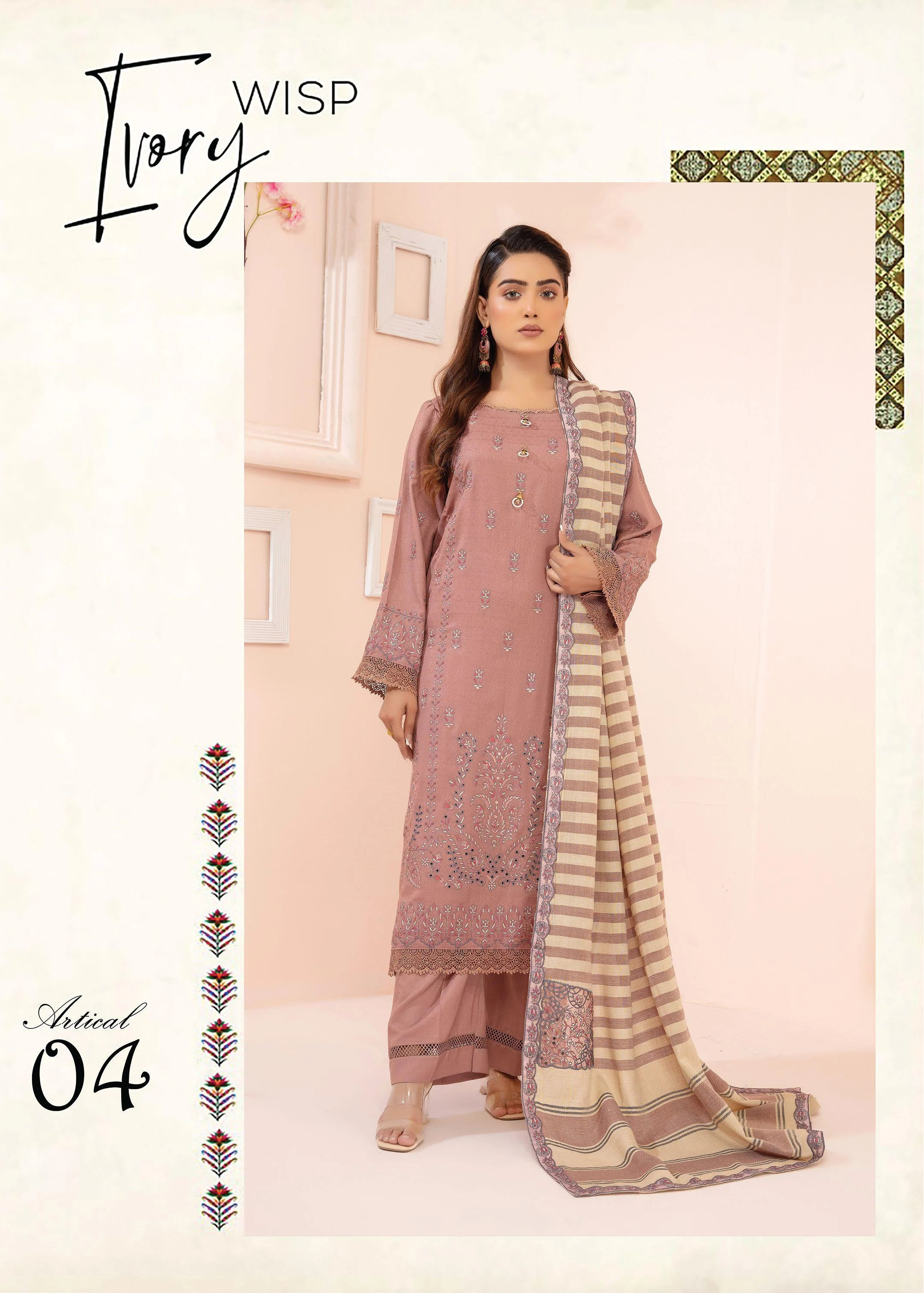 Woman wearing a pink and beige traditional outfit with a matching dupatta, branded 'WISP'.