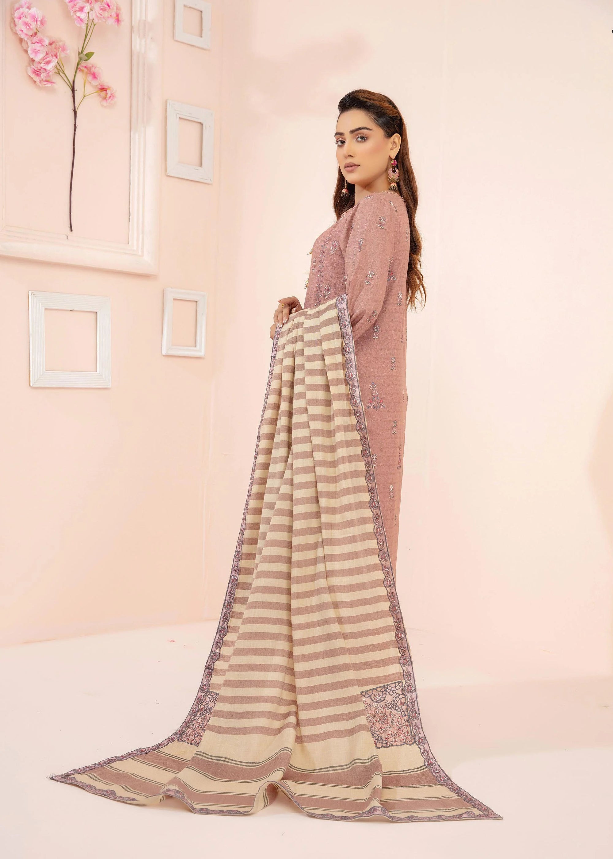 Woman wearing a pink saree with a striped dupatta, posing against a light pink background.