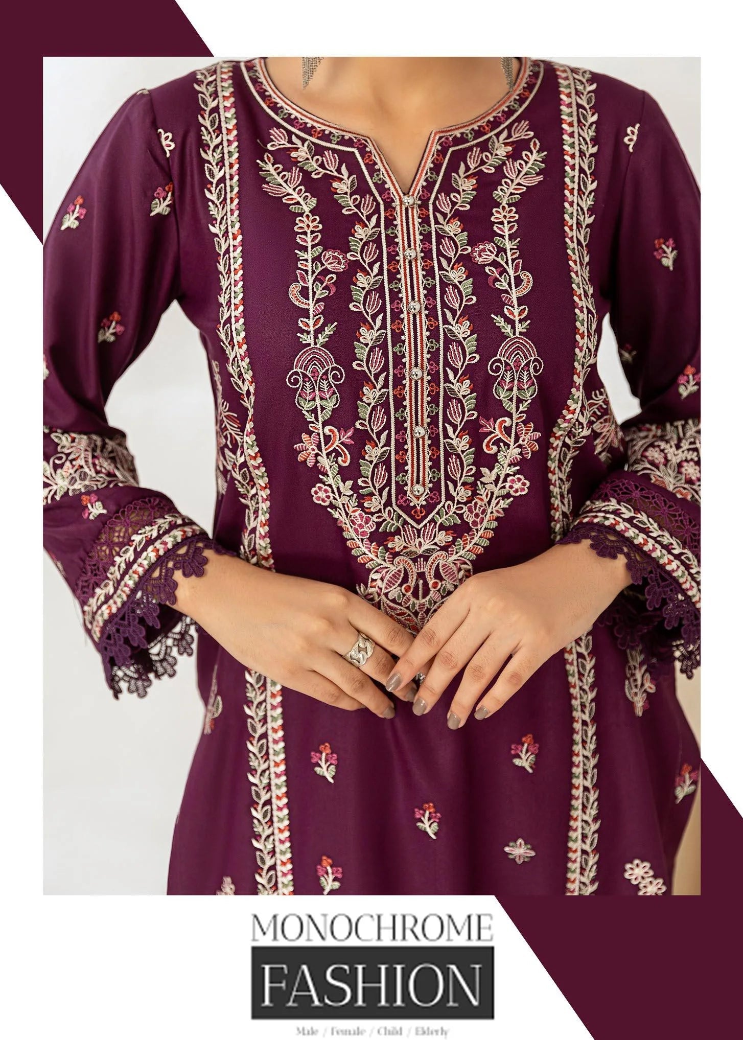 Woman in a purple traditional outfit with a matching dupatta, standing against a white background.