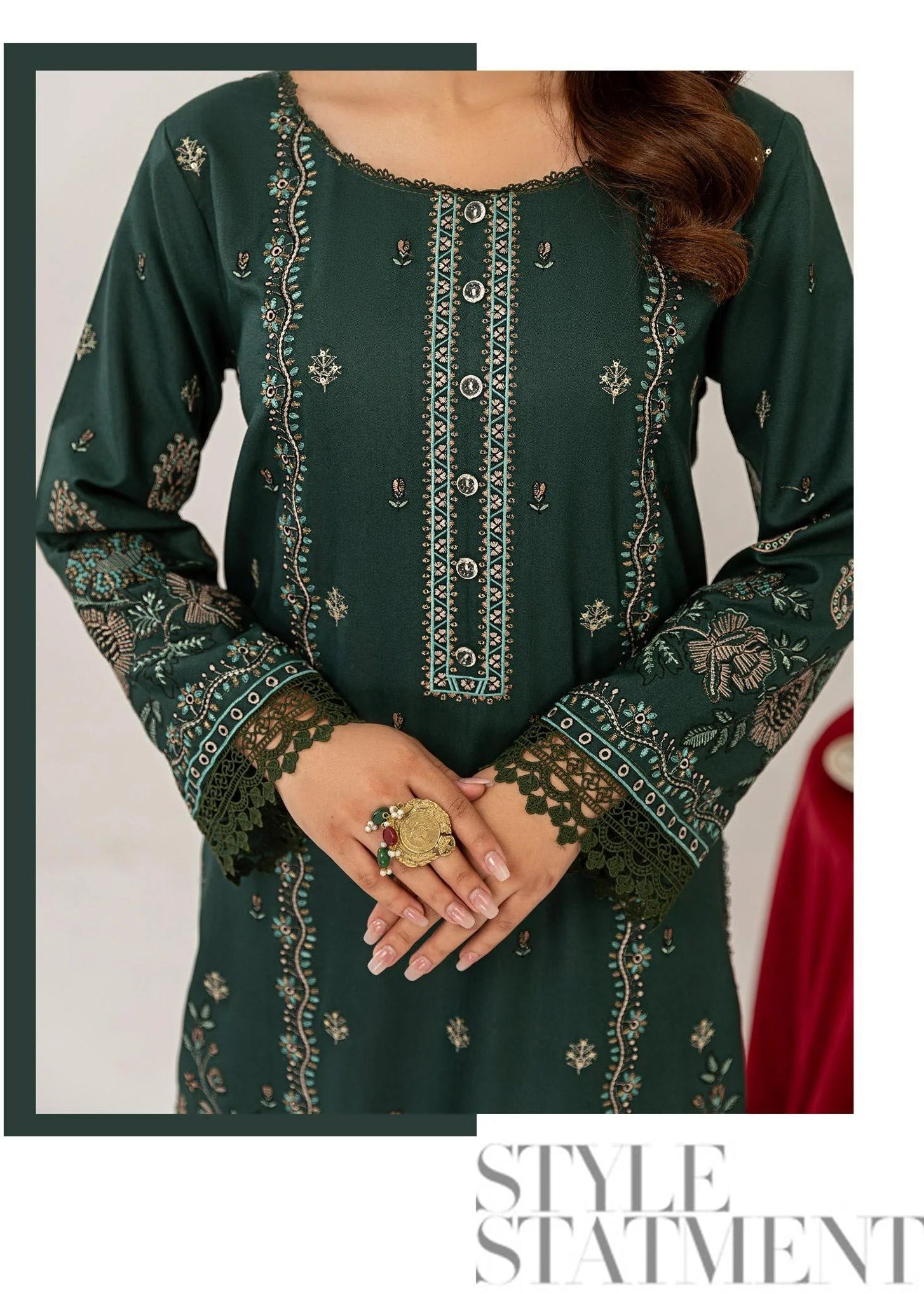 Woman wearing a green embroidered outfit with a close-up of the garment.