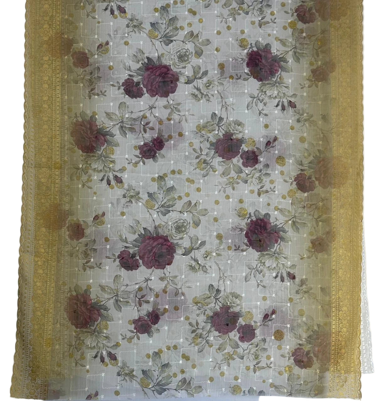 Floral patterned fabric with a yellow border on a white background