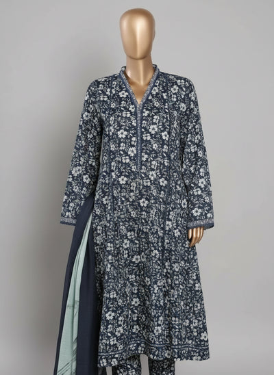 Mannequin wearing a floral dress against a beige curtain background