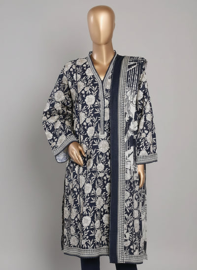 Navy and white patterned garment on a mannequin with close-up detail.