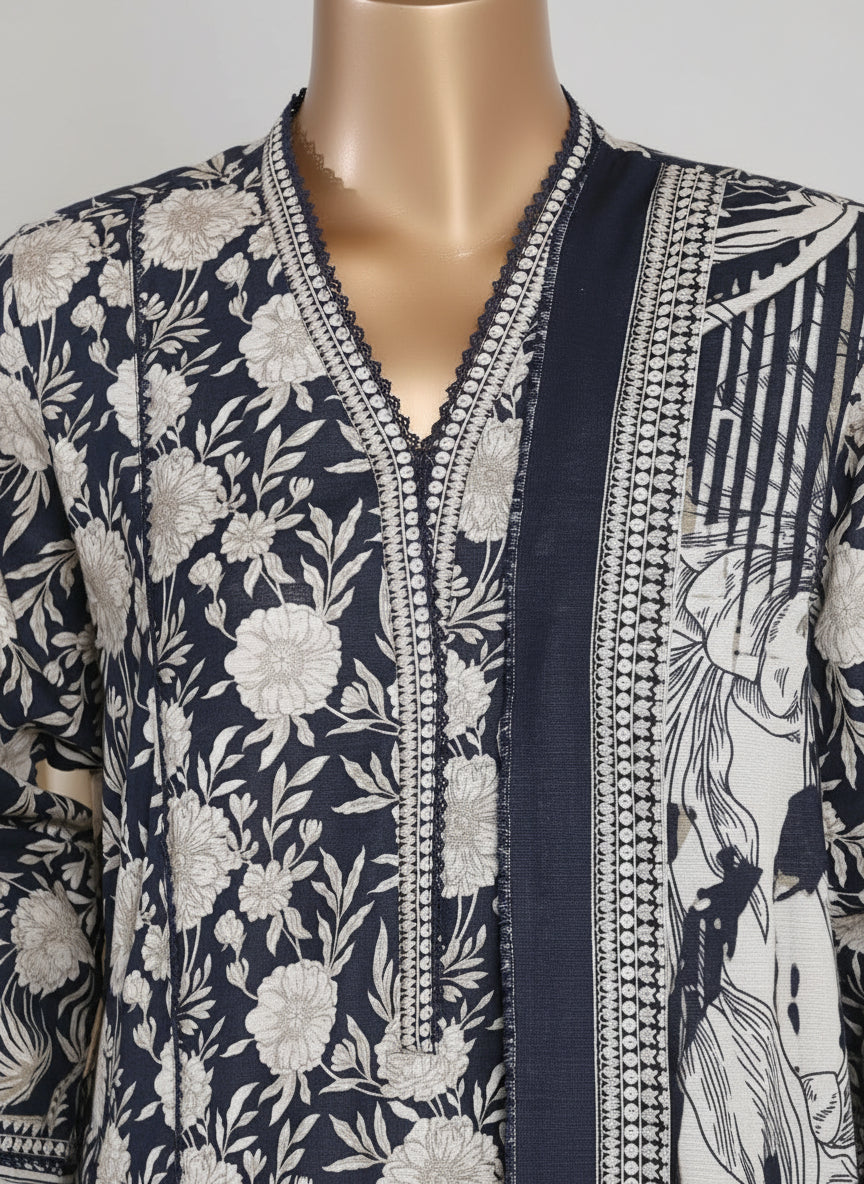 Navy and white patterned garment on a mannequin with close-up detail.