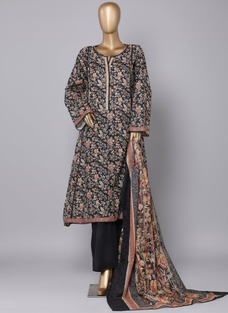 Traditional outfit with floral patterned dupatta on mannequin against a neutral background