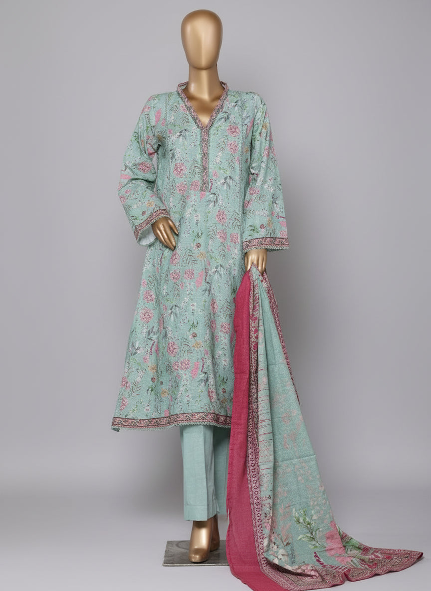 Light blue embroidered outfit with pink dupatta on mannequins against a neutral background.