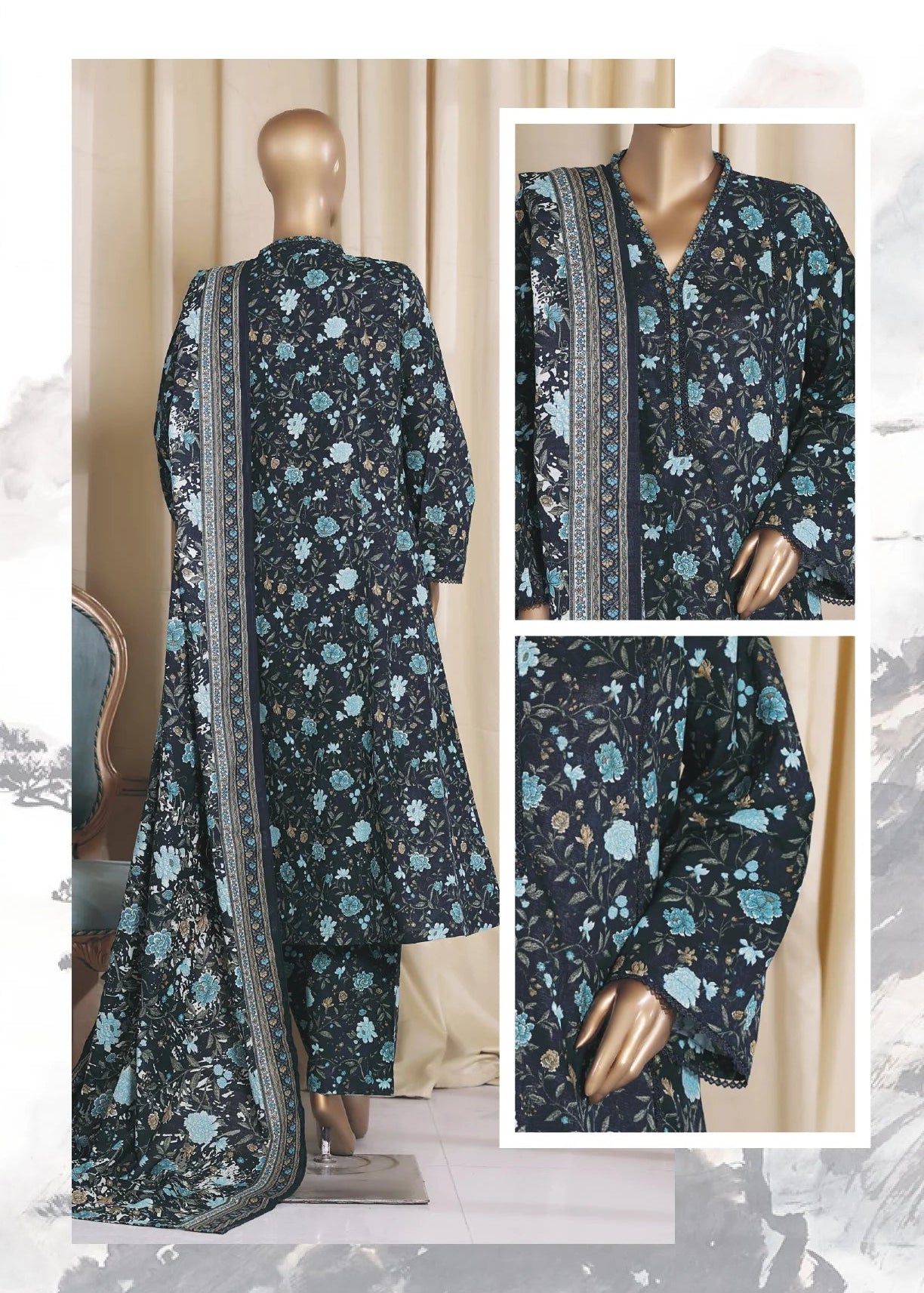 Floral patterned dress on a mannequin with close-up details against a neutral background.