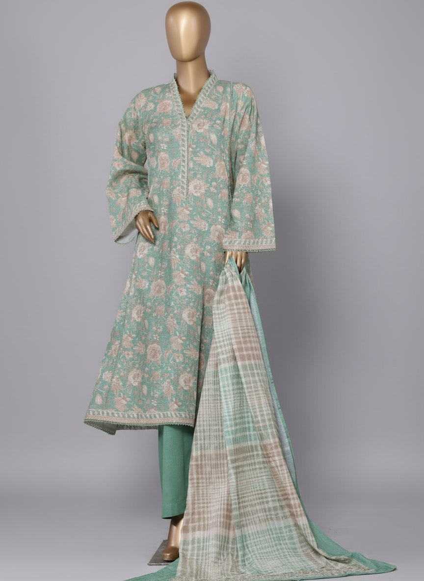 Light blue floral dress with matching dupatta on a mannequin against a beige curtain background.