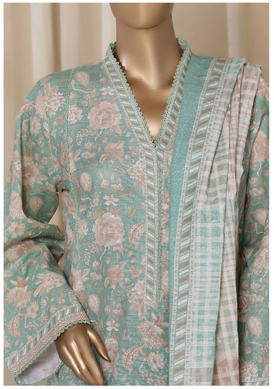 Light blue floral dress Close up with matching dupatta on a mannequin against a beige curtain background.