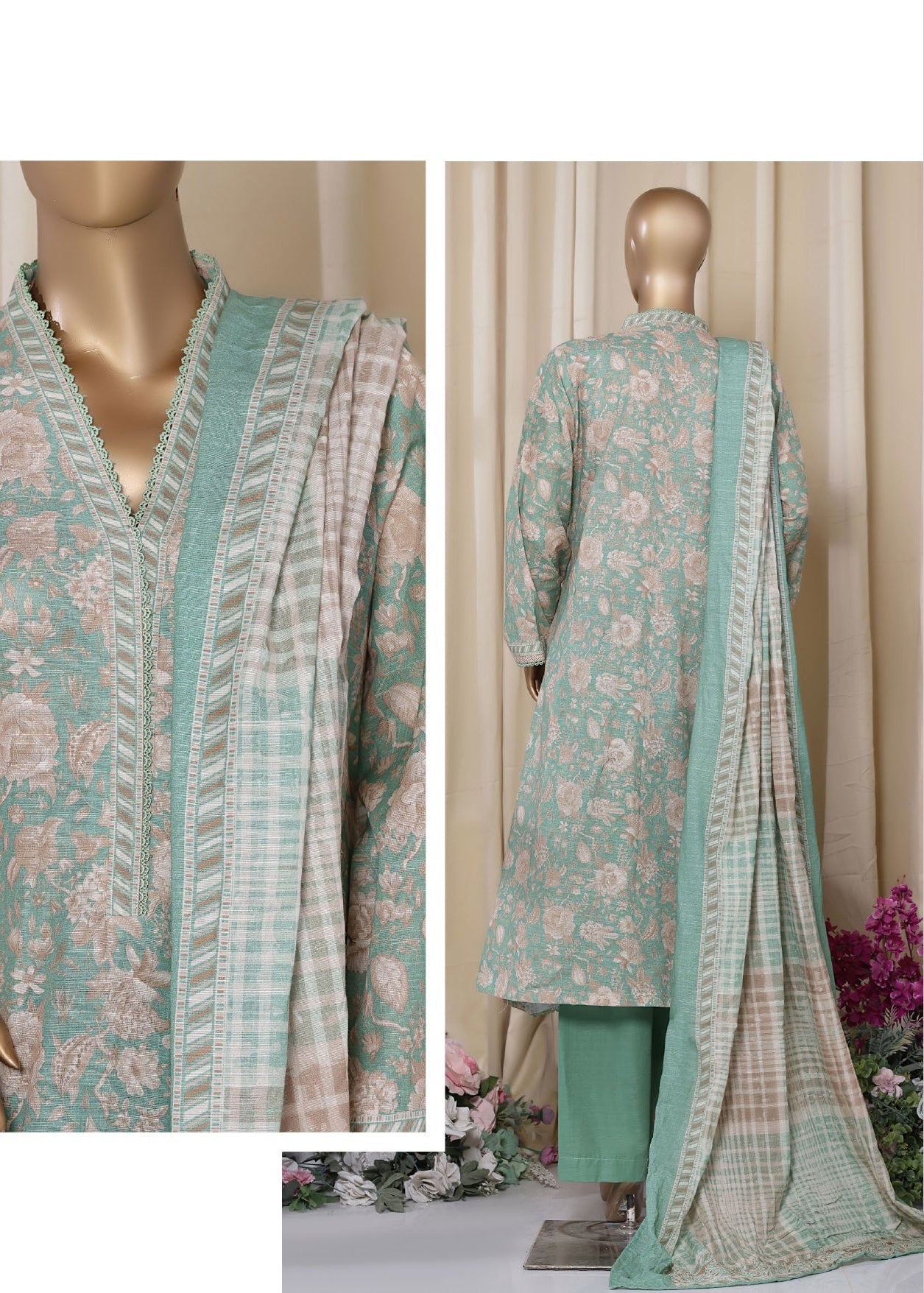 Light blue floral dress back with matching dupatta on a mannequin against a beige curtain background.