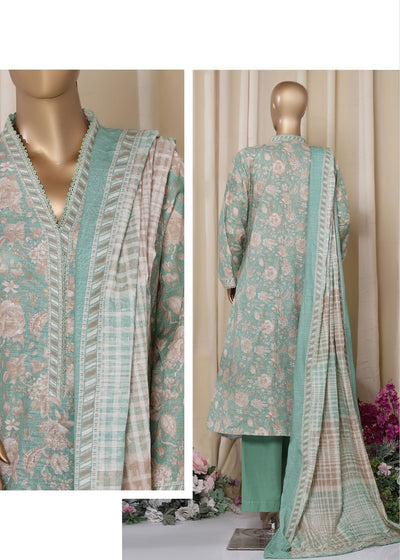 Light blue floral dress back with matching dupatta on a mannequin against a beige curtain background.