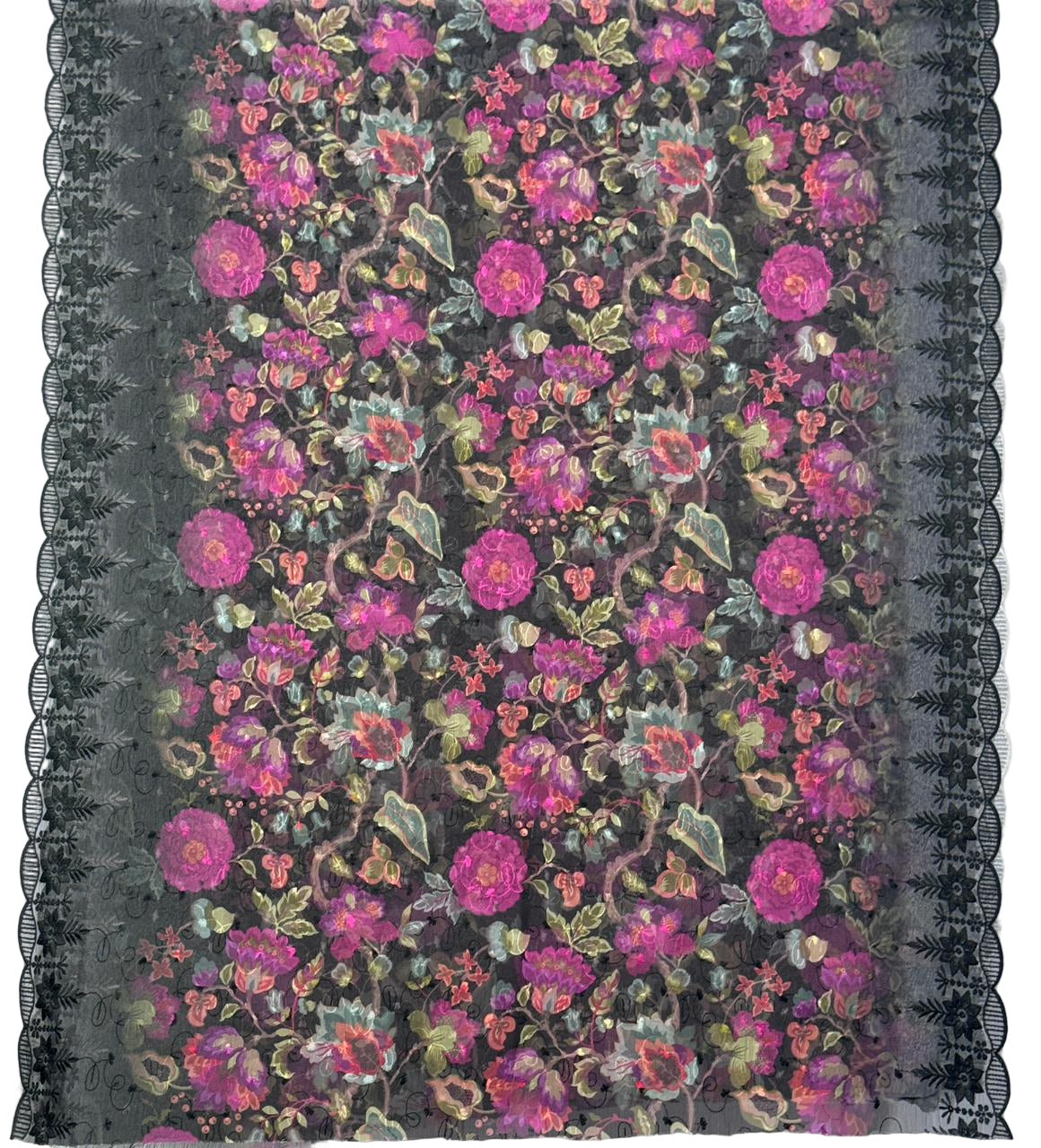 Floral lace fabric with pink and green flowers on a white background