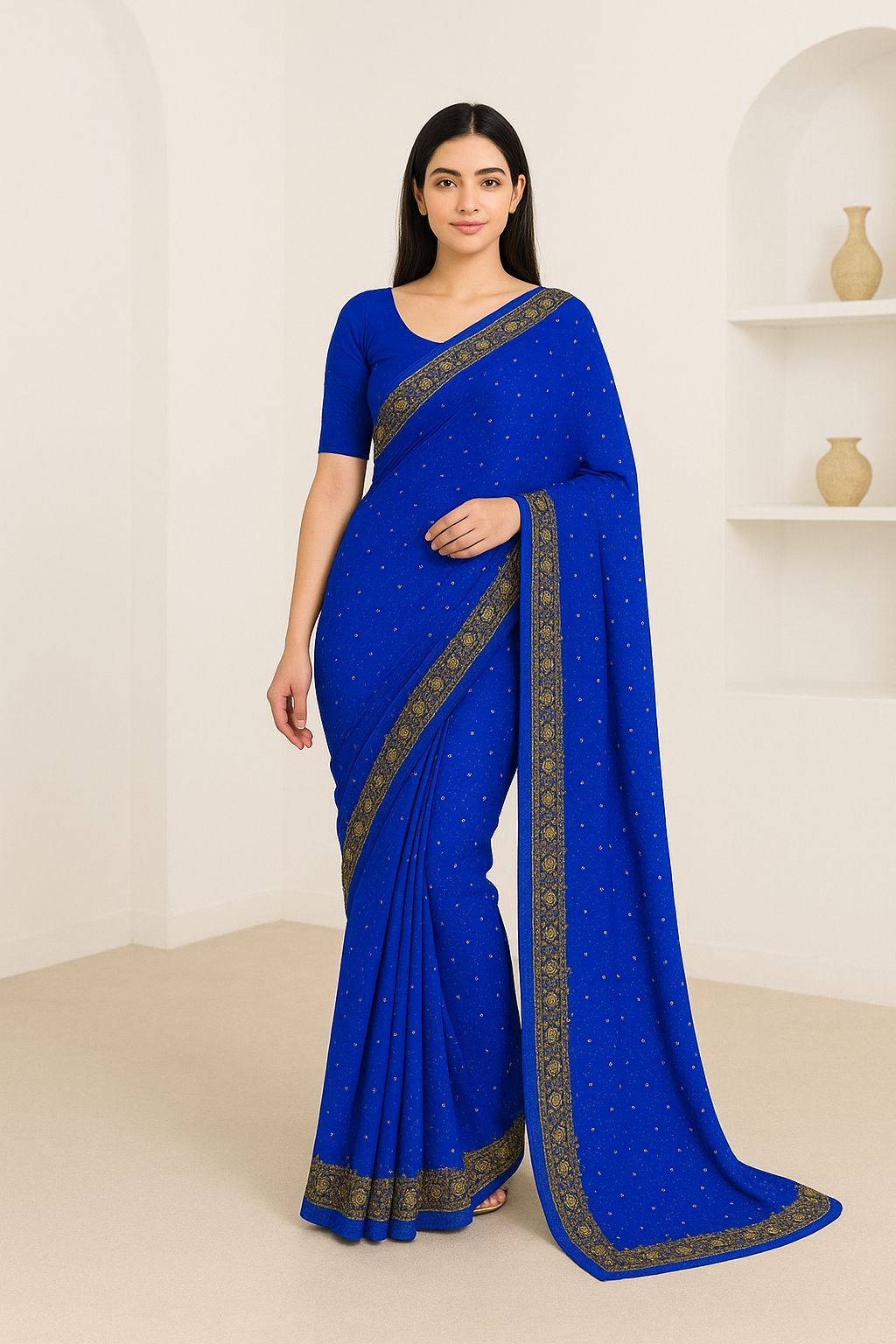 Royal Blue Embroidered Bandhani Saree with Sequin & Gota Work