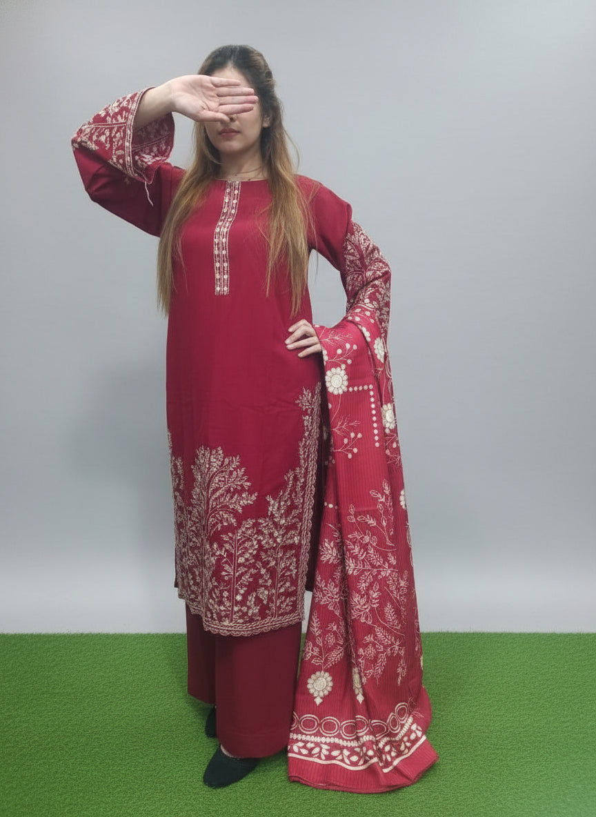 women wearing a red embroidered traditional outfit on a green background