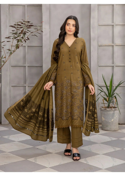 Woman modeling a green traditional outfit with a dupatta in a checkered room.