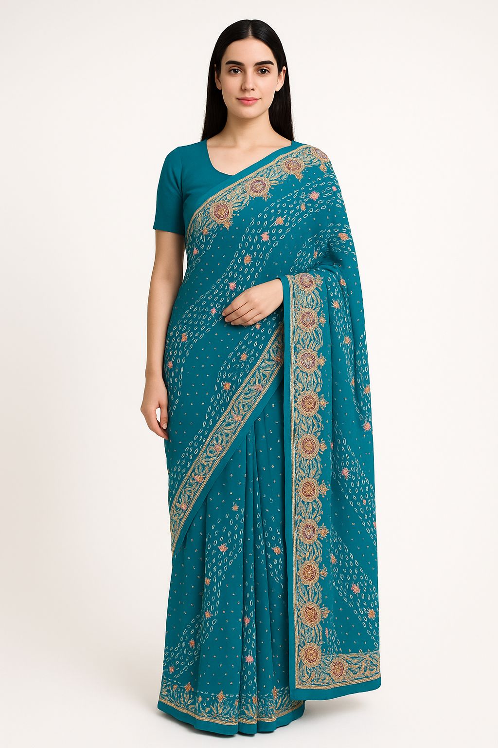 Teal Green Embroidered Bandhani Saree with Sequin & Gota Work