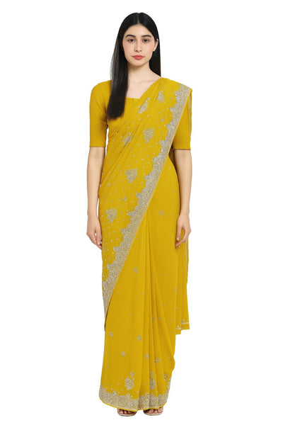 Mustard Embroidered Bandhani Saree with Sequin & Gota Work