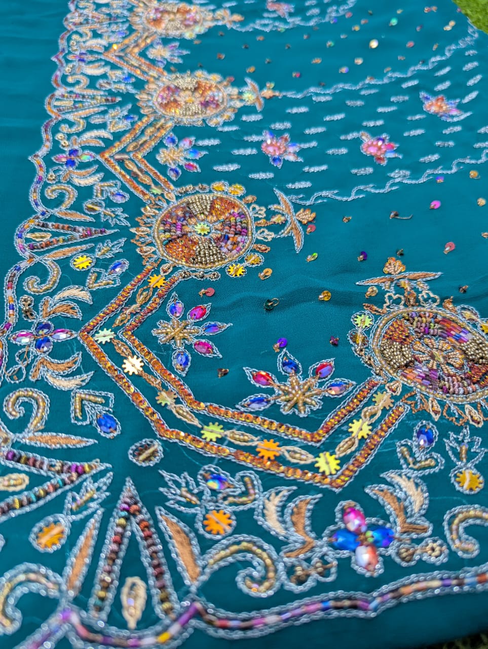 Teal Green Embroidered Bandhani Saree with Sequin & Gota Work