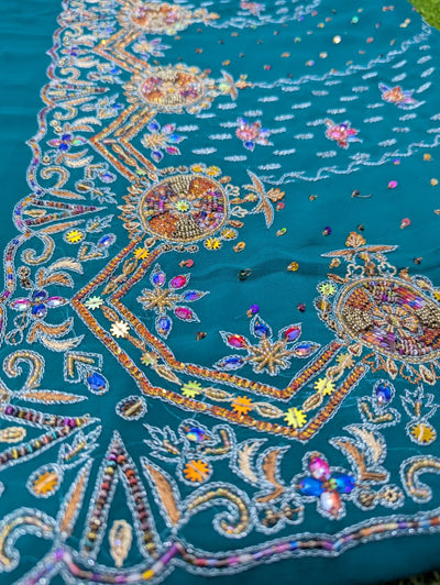 Teal Green Embroidered Bandhani Saree with Sequin & Gota Work