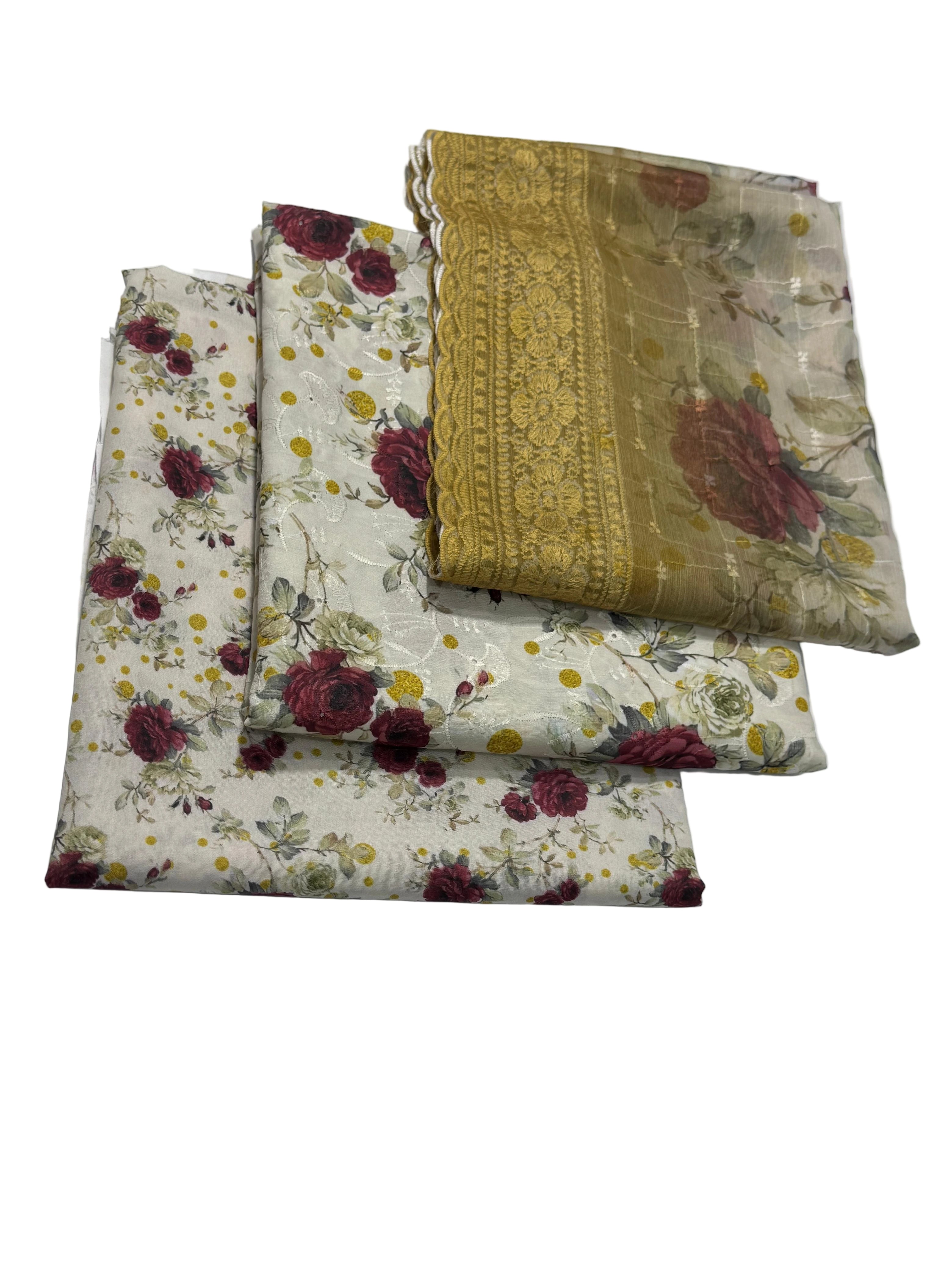 Three floral-patterned fabrics stacked on a white background