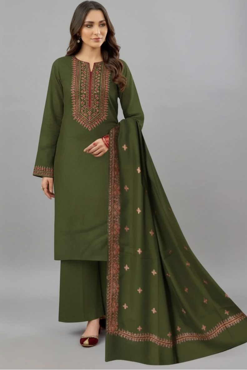 Woman wearing a green traditional outfit with a matching dupatta in a room setting.