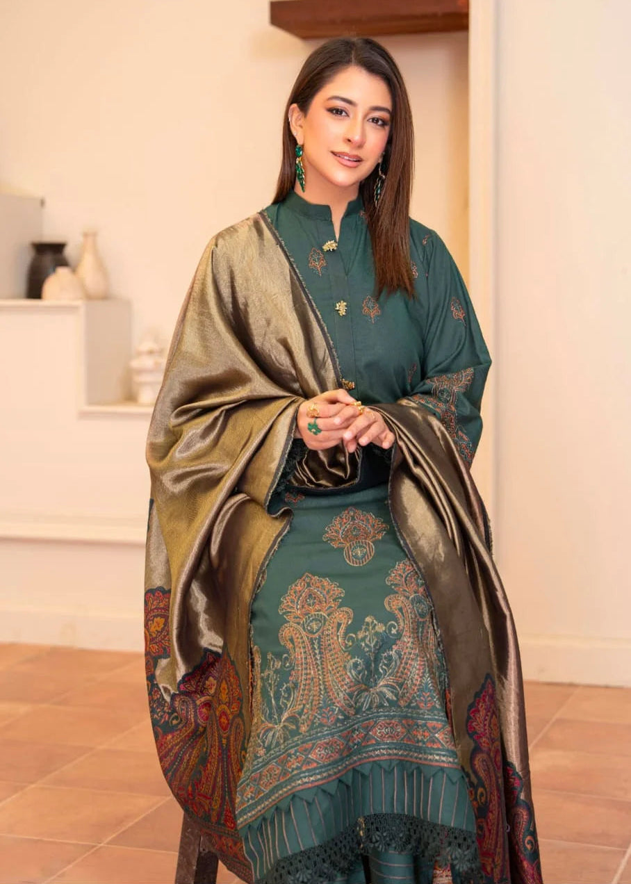 Woman wearing a green traditional outfit with a patterned shawl indoors.