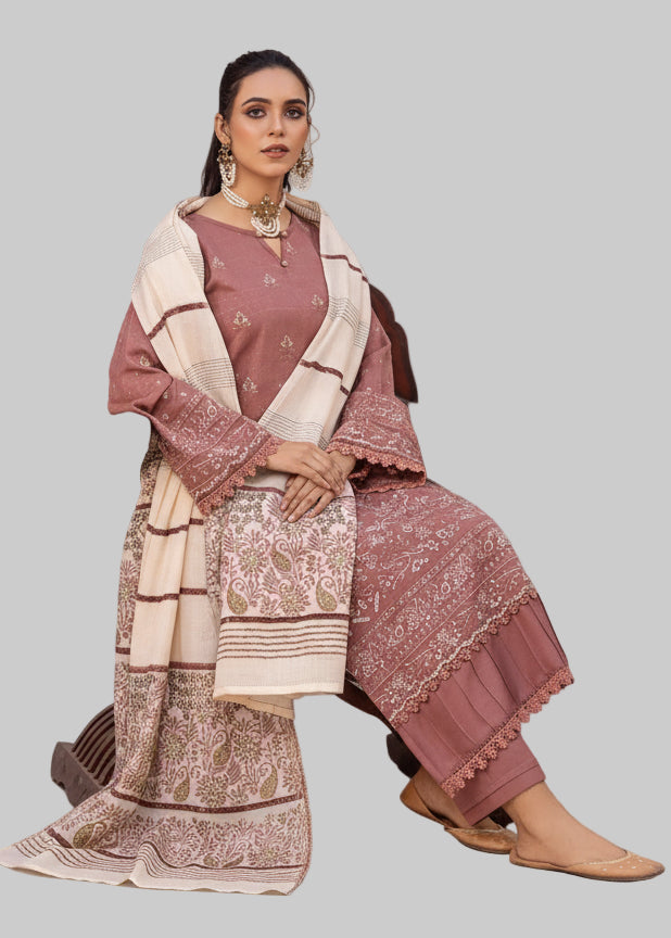 Woman in traditional attire sitting on a wooden chair with plants and a shelf in the background