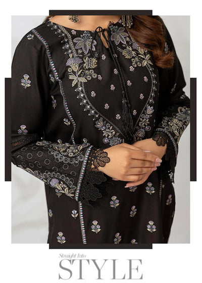 Woman wearing a black embroidered outfit with a close-up of the garment, set against a white background.