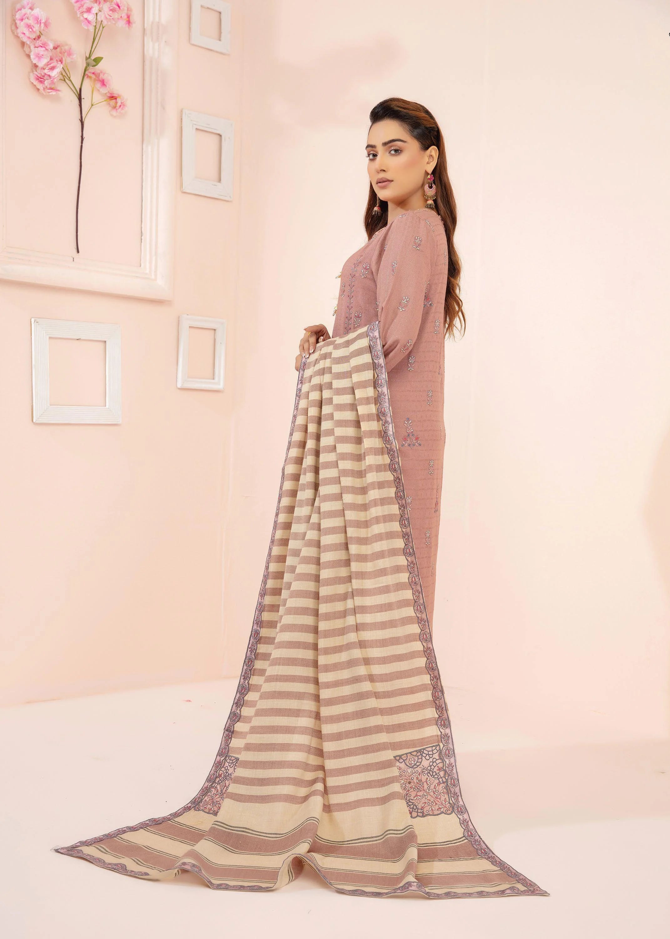 Woman wearing a pink saree with a striped dupatta, posing against a light pink background.