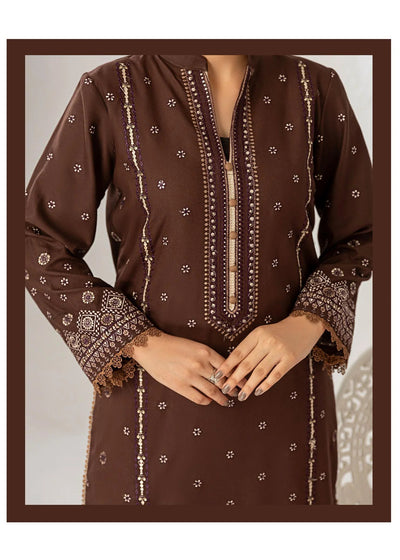Brown embroidered outfit with matching dupatta on a white background