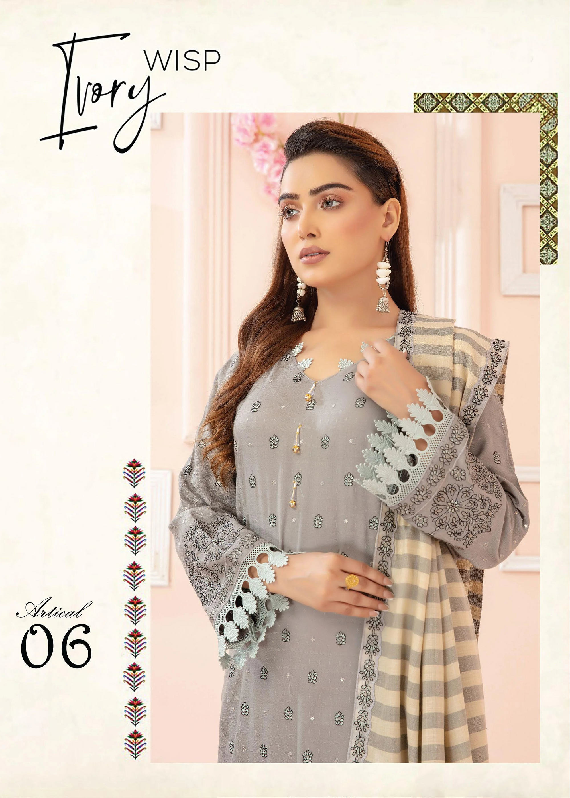 Woman wearing a gray embroidered outfit with a checkered dupatta on a light pink background.