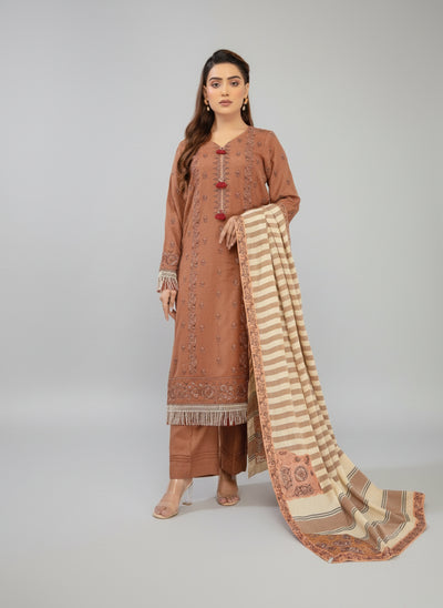 Woman wearing a brown traditional outfit with a matching dupatta in a studio room.